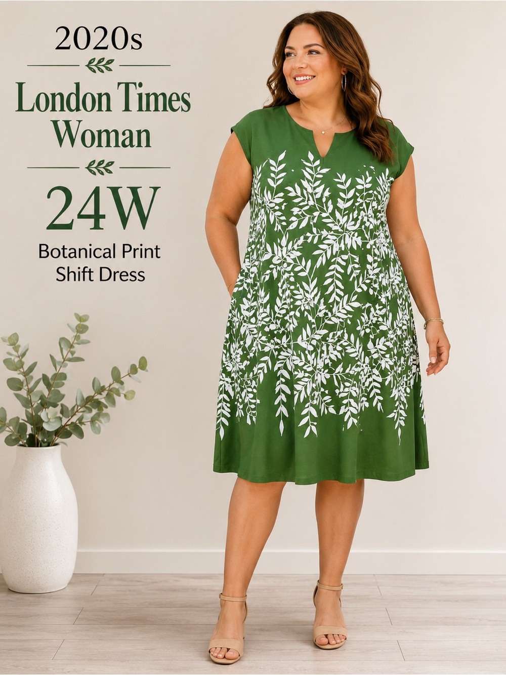 London Times Woman 24W Green Botanical Print Shift Dress Plus Size